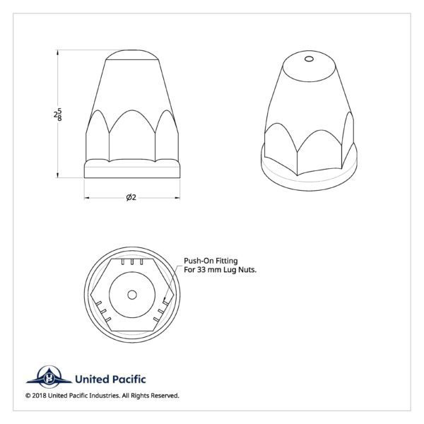 33mm x 2-5/8" slotted bullet push on nut cover sketch details
